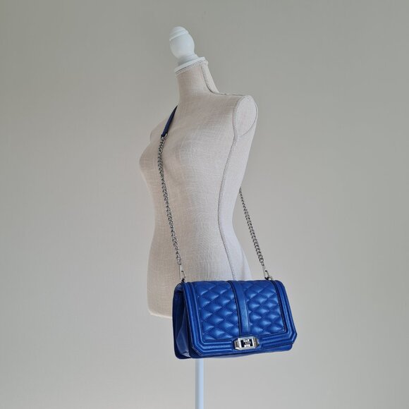 Rebecca Minkoff Diamond Quilted Love Crossbody Cobalt Blue Silver Shoulder Bag - Picture 2 of 12